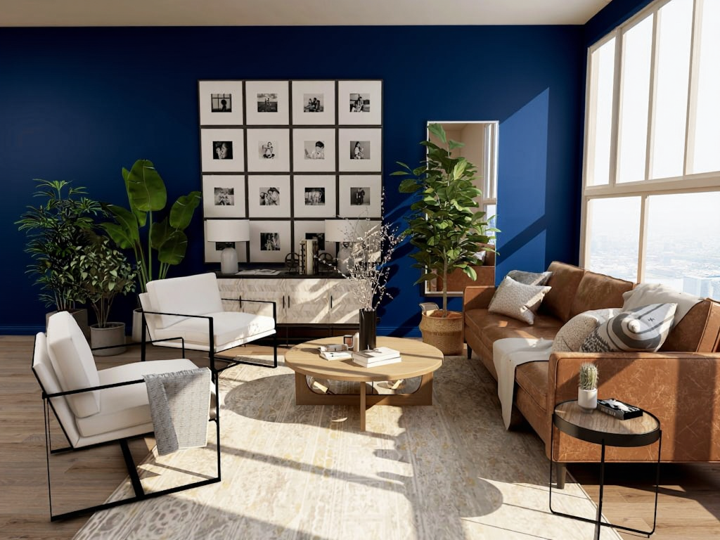 After — navy blue walls, everything else identical